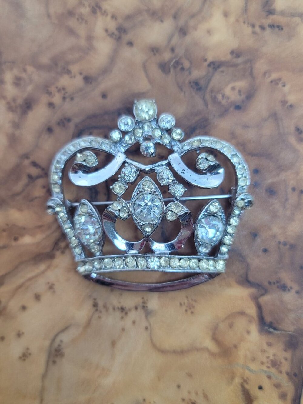 Vintage Crystal & Sterling Crown Brooch